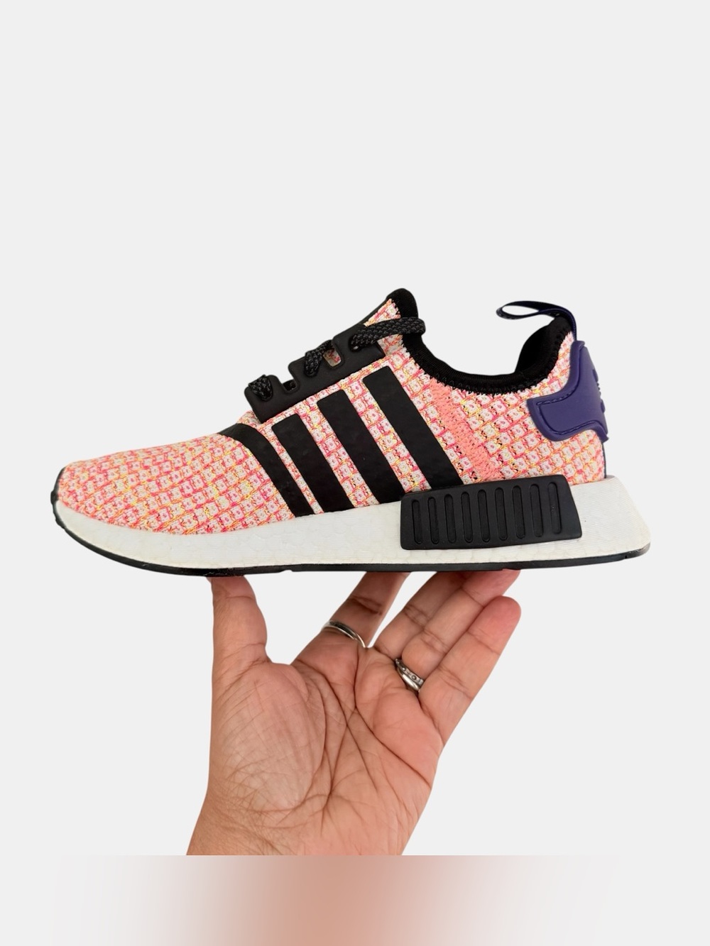 Adidas NMD R1 Solar Yellow Woven Sneakers with Purple Accents Size 5Y/ 6 Women - Picture 5 of 7